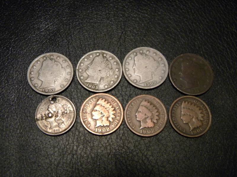 1865 3 Cents, 4 - V Nickels & 3 Indian Head Pennies
