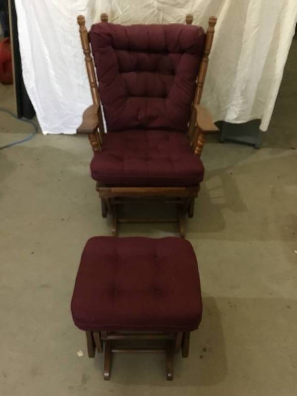 lot 21 image: Bed Chairs inc. Rocker glider Maroon seat cushions, with foot stool glider