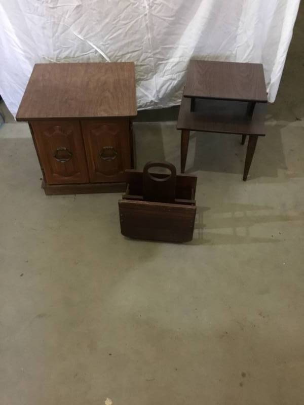lot 24 image: two End tables and a newspaper rack  all made of wood