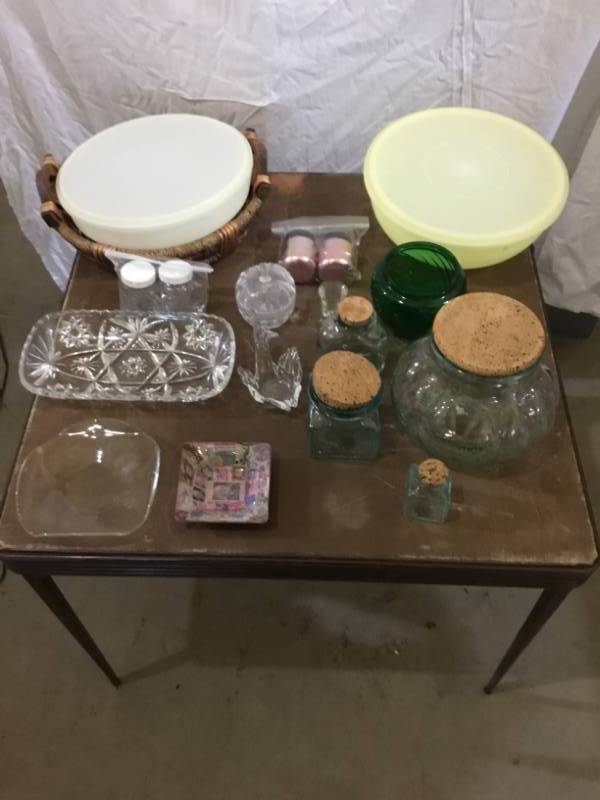 lot 45 image: Kitchen Items - Flour Containers, Tupperware, Glass Serving Plates, Salt and Pepper Shakers