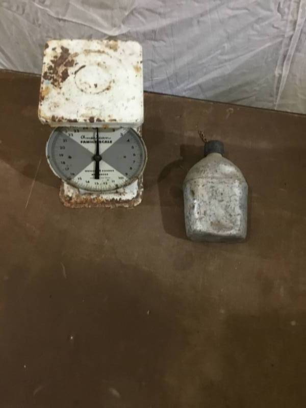 lot 49 image: Antique Scale and aluminum Water canteen - has rust and dents