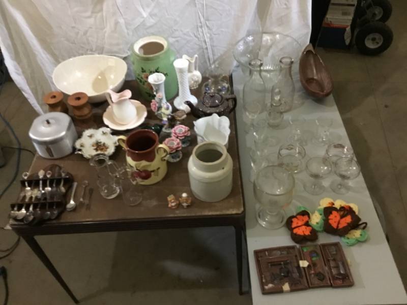 lot 50 image: Red wing Bowl, Candle holders, Vases, Specialty Spoons, Milk bottles, box full of glassware