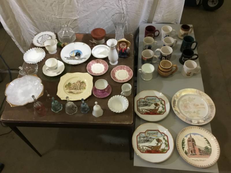lot 54 image: Lot of Glassware  Mugs, Plates, Vases, Bells, Candy Dishes