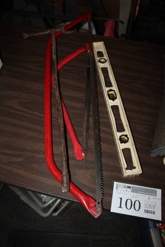 lot 100 image: Hand Tools - 2-Bow Saws, 1-Level, 1-Tire Iron