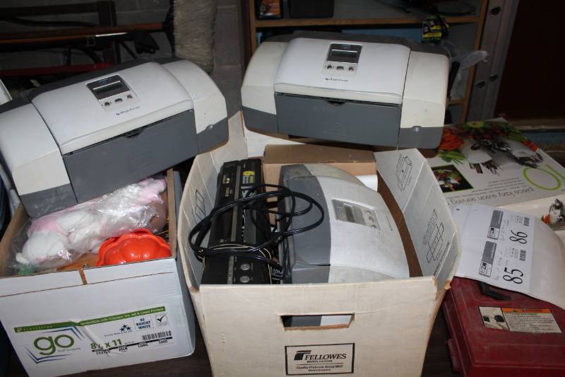 lot 87 image: Electronics - 3-HP Officejet All-In-One Printers, 1-Hitachi 6-Head VCR Player FX665
