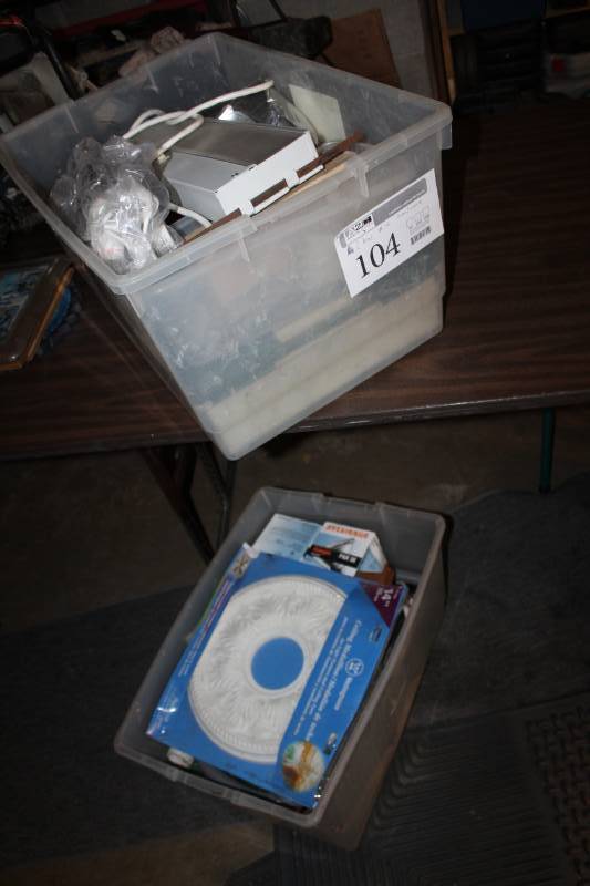 lot 104 image: Bins of Misc. Hardware - Light Fixture, Westinghouse Ceiling Medallion, Light Bulbs, And More