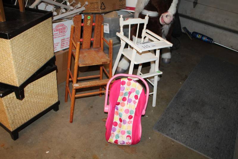 lot 115 image: Lot of (3) Doll High Chairs, Doll Baby Carrier