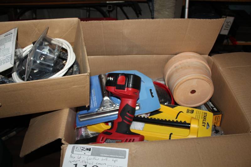 lot 119 image: Cordless Drill, Tape, Squegee, Electrical Supplies, And More