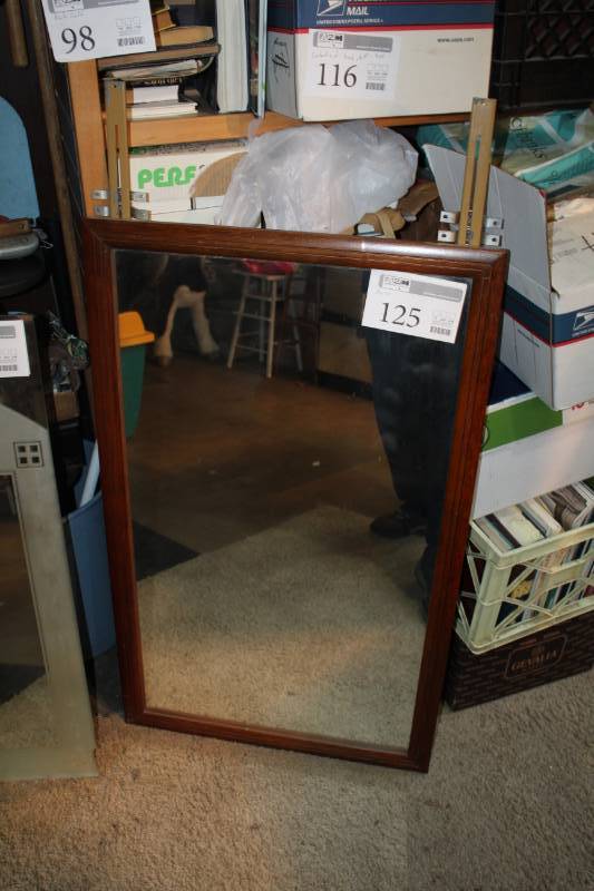 lot 125 image: Wood Frame Dresser Mount Mirror, Could be wall mounted as well,  41 inches tall by 25 inches wide