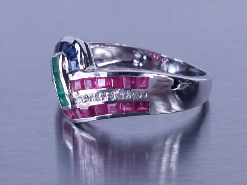 Ruby, Sapphire, Emerald, and Diamond Ring in 18K White Gold - $5800 Retail
