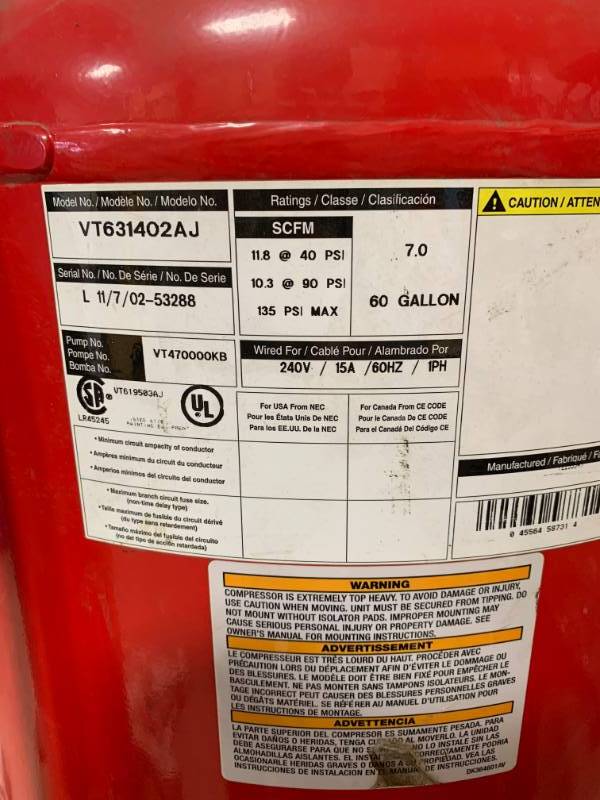 lot 3 image: Husky 60 Gallon 7hp Air Compressor