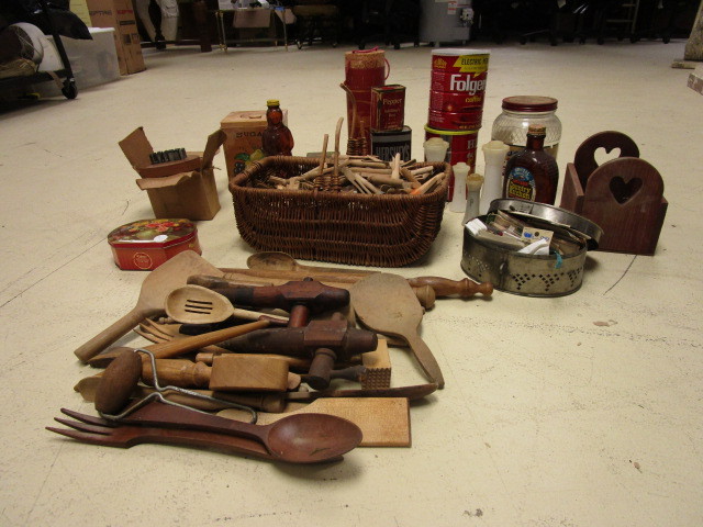lot 203 image: VINTAGE PRODUCT CANISTERS & WOODEN KITCHENWARE
