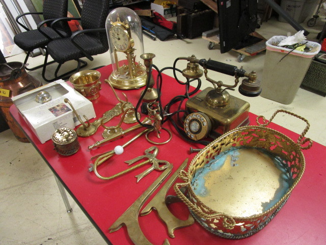 lot 210 image: VINTAGE BRASS PHONE, BRASS HOOKS, CLOCK AND MORE
