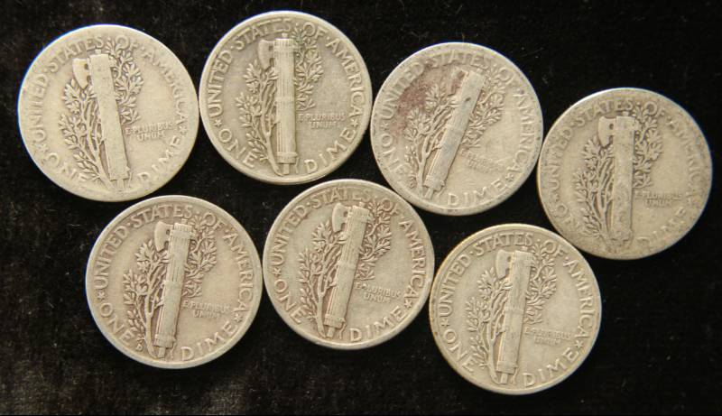 GROUP OF 7 US MERCURY SILVER DIMES