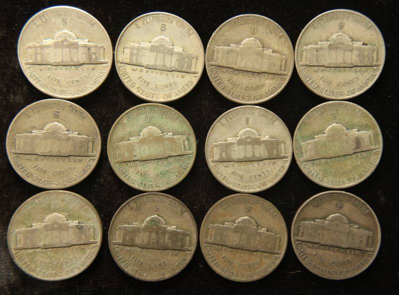 GROUP OF 12 US WARTIME WWII SILVER NICKELS