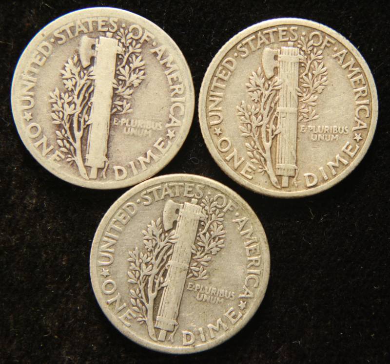 3 SILVER MERCURY DIMES 1926 1927 1928