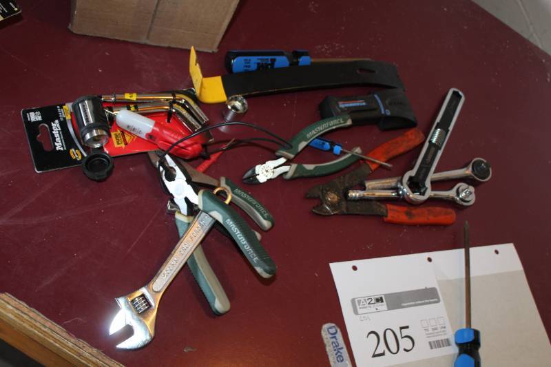 lot 197 image: Crescent Wrench, Pliers, Cutters, Ratchet, Screwdriver, Master Lock Set