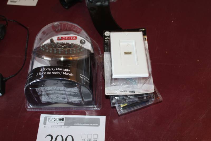 lot 200 image: Delta Sprayer, GE HDMI Wall Plate, ThumbPrint 4-in-1 Pocket Screwdriver, Scosche Car Stereo Output Converter