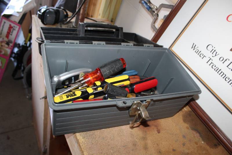 lot 196 image: Tool Box w Tool Tray, Tools - Screwdrivers, Wrenches, And More
