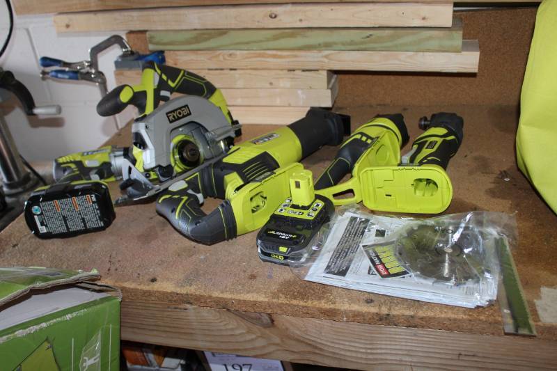 lot 163 image: Ryobi 18VDC Cordless Drill, Circular Saw, Sawzall, Grinder, Battery, Charger, Tool Bag
