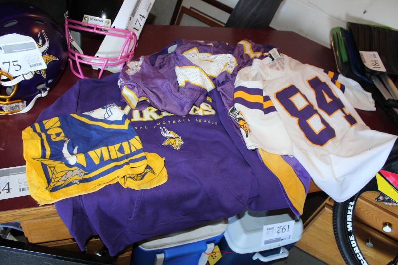 lot 219 image: Minnesota Vikings Collectible Clothing - Jerseys, Hoodie, Stocking, Bandana, Scarf