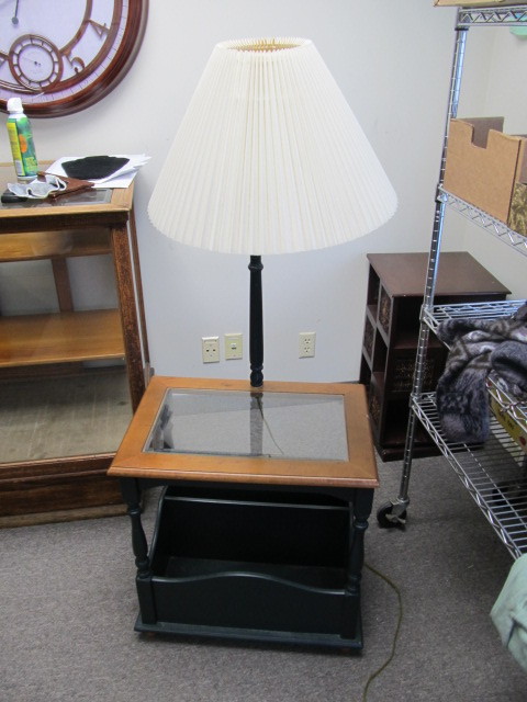 lot 59 image: Cabin Style Green Wooden Side Table wMagazine Rack