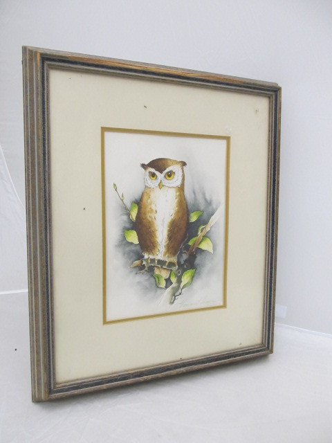 lot 55 image: Vintage THOMAS H. SASSER Signed & Hand Colored Owl Engraving
