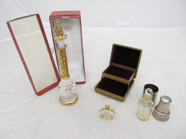 lot 63 image: Vintage Perfume Bottles wBrass Jewelry Box