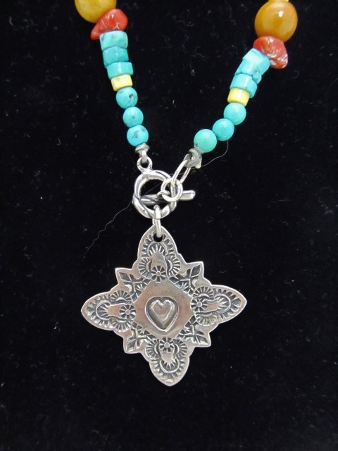 lot 165 image: Signed Navajo Sterling Silver Turquoise Coral & Gemstone Pendant Necklace