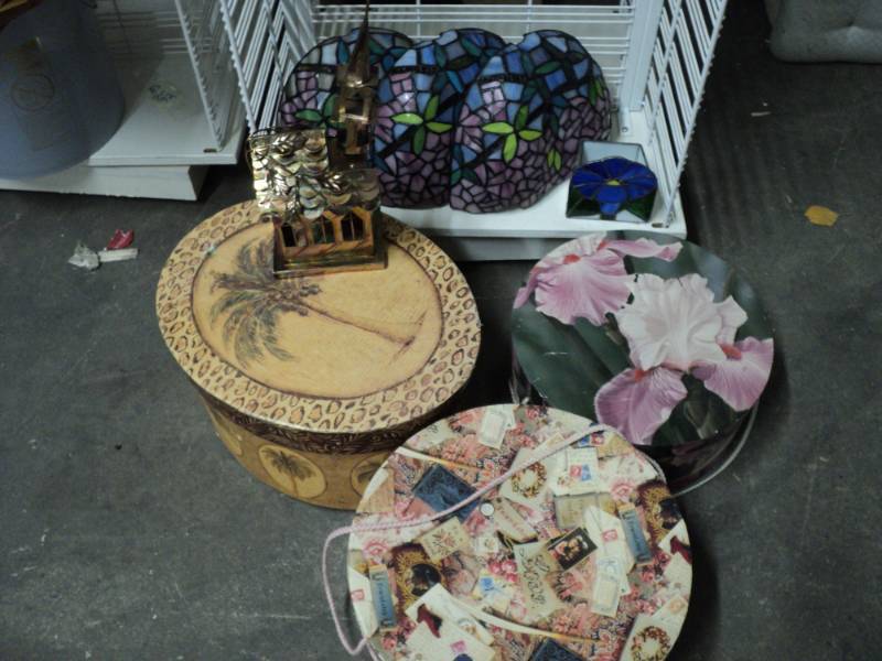3 hat boxes, stained glass pieces a...