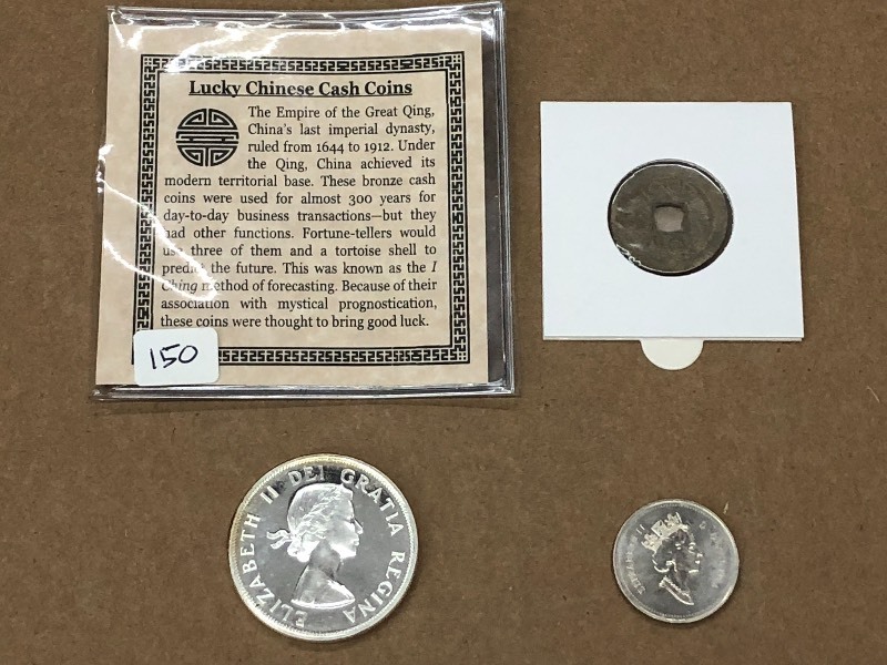 (1) 1990 Queen Elizabeth II Quarter, (1) 1963 Elizabeth II Dollar, (1) Lucky Chinese Cash Coin