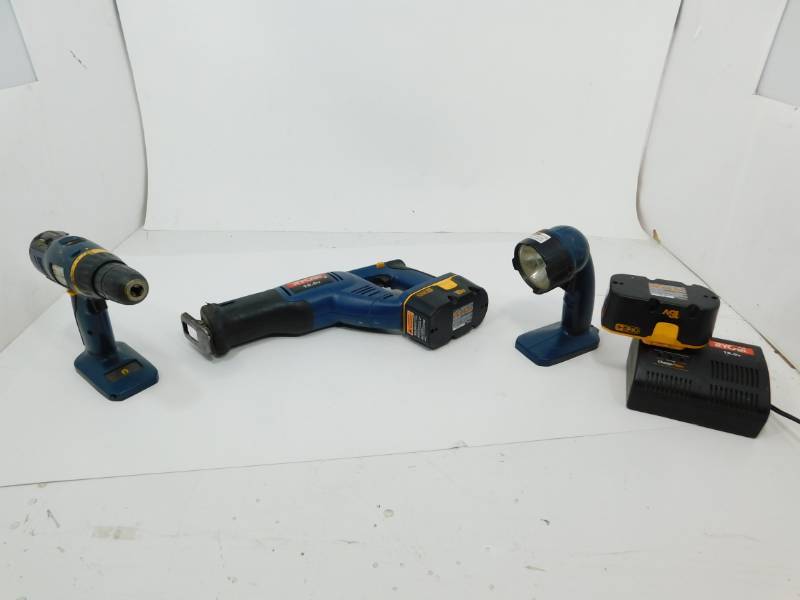 lot 50 image: Ryobi P700 18v Flashlight--Ryobi One 18.0v Cordless Ni-Cad 12 Variable Speed Drill--Ryobi 18.0v Reciprocating Saw