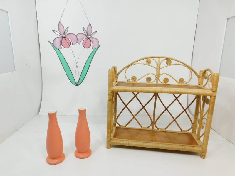 lot 63 image: Two Shelf Wicker Shelf--Two Peach Colored Bud Vases--One Hanging Floral Decor