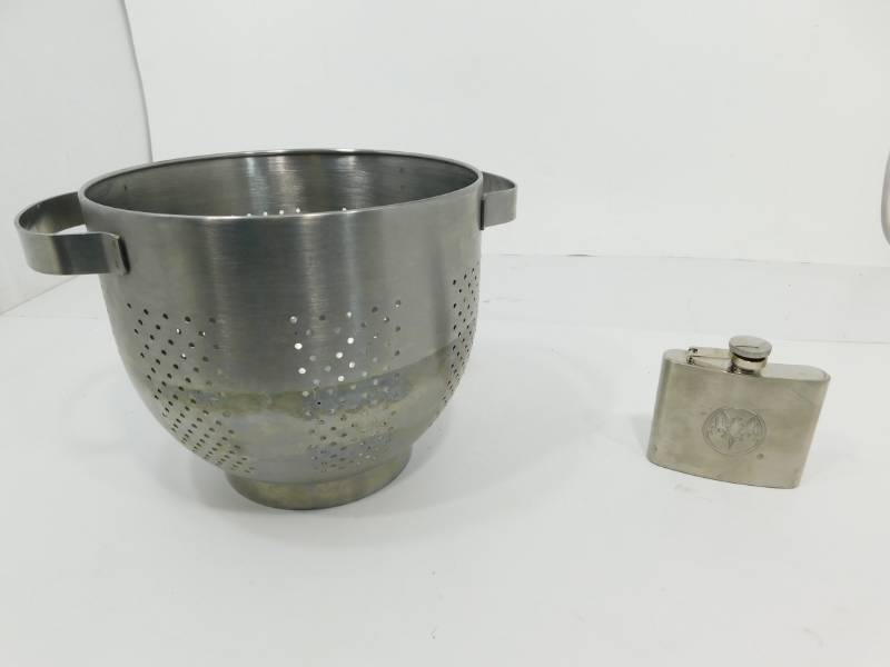 lot 93 image: Stainless Steel Colander & A Stainless Steel Flask