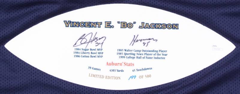 lot 42 image: Bo Jackson Signed LE Auburn Tigers Jersey with Career Stat Football Panel Inscribed Heisman 85 (JSA COA)