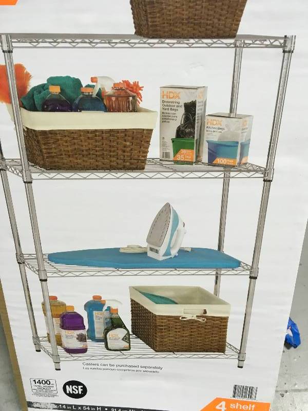 lot 6 image: HDX 4 SHELF STORAGE UNIT 14 in. x 36 in. x 54 in. NSF CHROME Storage Shelving not used