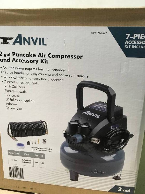lot 11 image: ANVIL 2G Pancake Air Compressor with 7-Piece Accessories Kit in like new condition