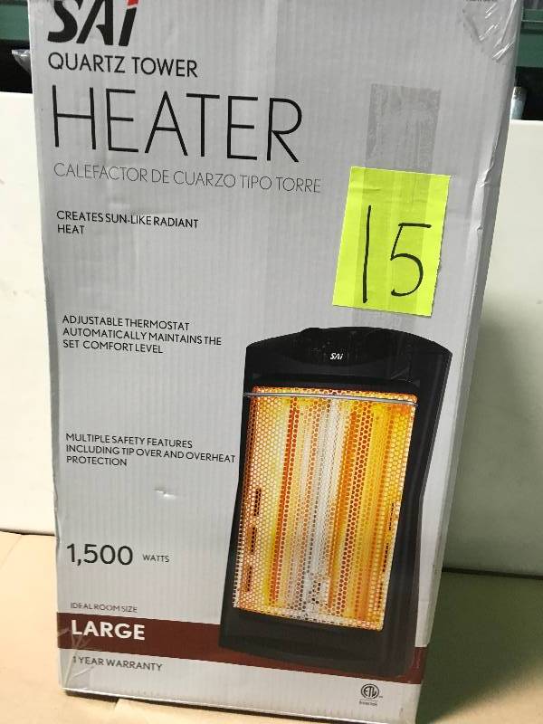 lot 15 image: SAI 1500-Watt Quartz Tower Heater, Black  in good working condition