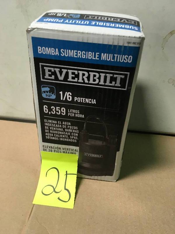 lot 25 image: Everbilt 16 HP Plastic Submersible Utility Pump  in good working condition