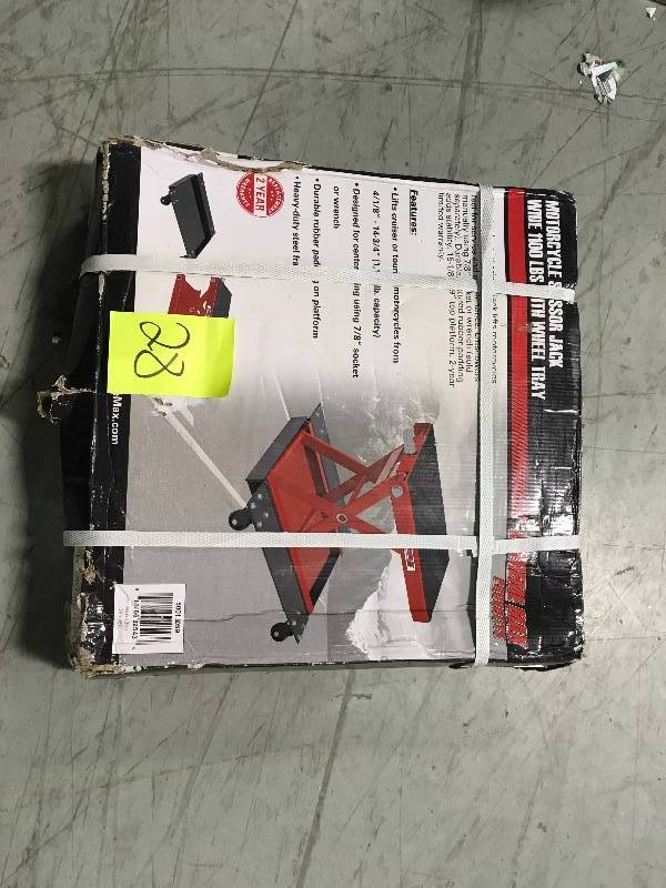 lot 28 image: Extreme Max 1100 lbs. W Motorcycle Scissor Jack with Dolly not used