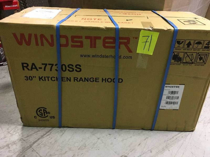 lot 71 image: Windster 30 in. Wall Mount Range Hood in Stainless Steel not used