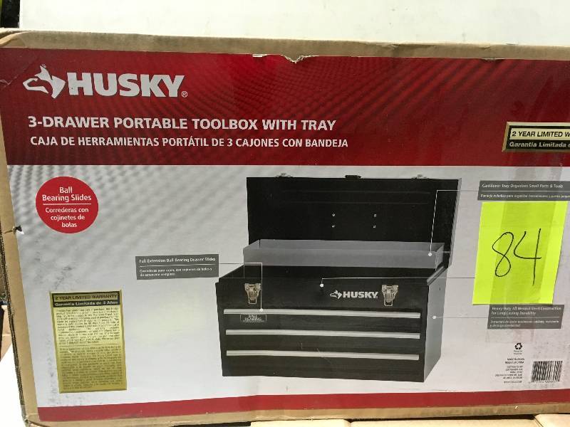lot 84 image: Husky 20 in. 3-Drawer Portable Tool Box with Tray