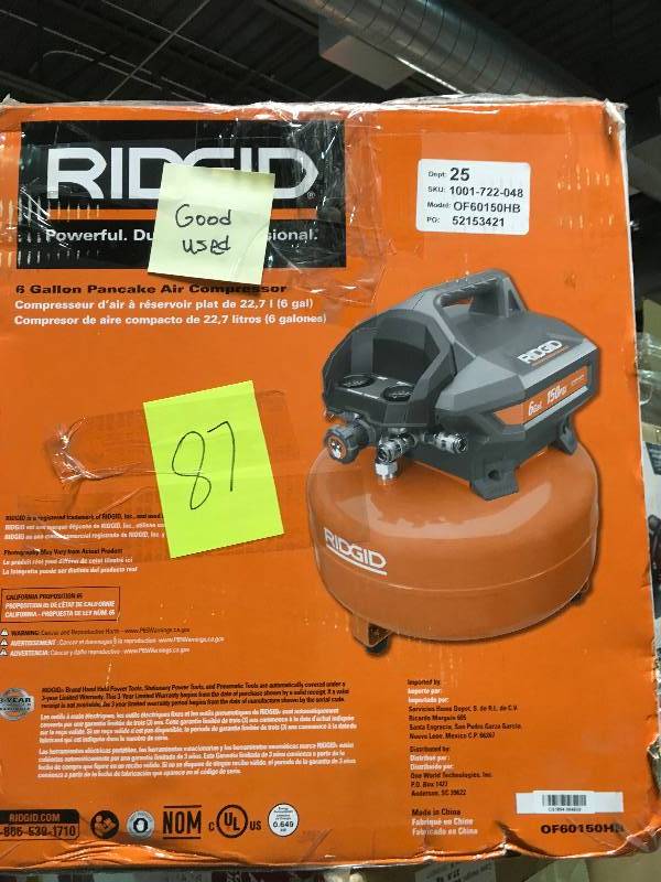 lot 87 image: RIDGID 6 Gal. Portable Electric Pancake Air Compressor USED  in good working condition