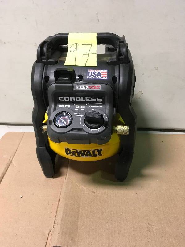 lot 97 image: DEWALT FLEXVOLT 2.5 Gal. 60-Volt MAX Brushless Cordless Electric Air Compressor  in good working condition