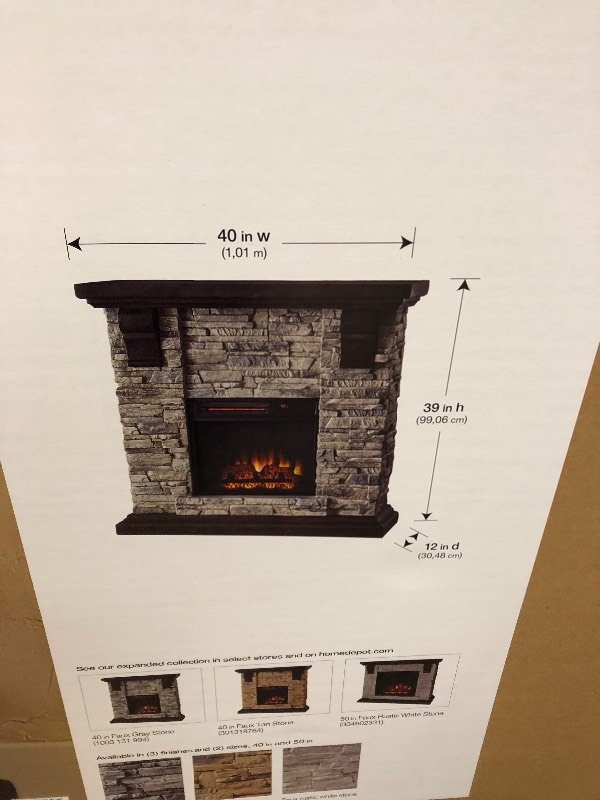 lot 111 image: Home Decorators Collection Highland 40 in. Media Console Electric Fireplace TV Stand in Faux Stone Gray in good conditions