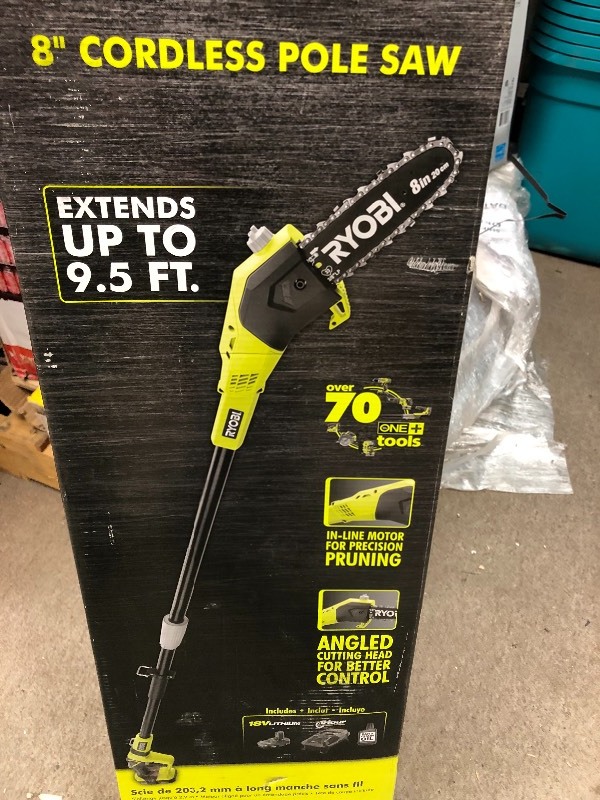 lot 105 image: Ryobi ONE 8 in. 18-Volt Lithium-Ion Cordless Pole Saw 1.3 Ah Battery and Charger Included not used