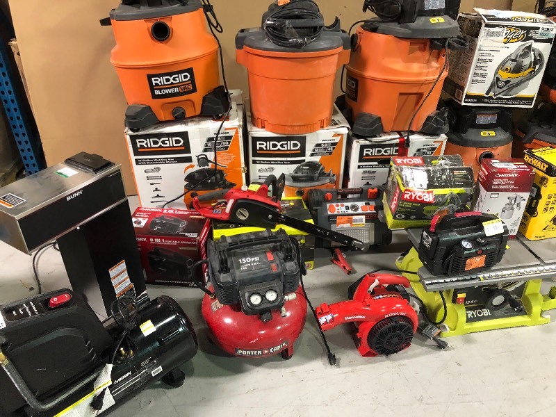 lot 113 image: Lots of salvage tools for part o repair 23 unit tolal Dewalt ,Ridgid,Ryobi,Porta Cable, Husky and more