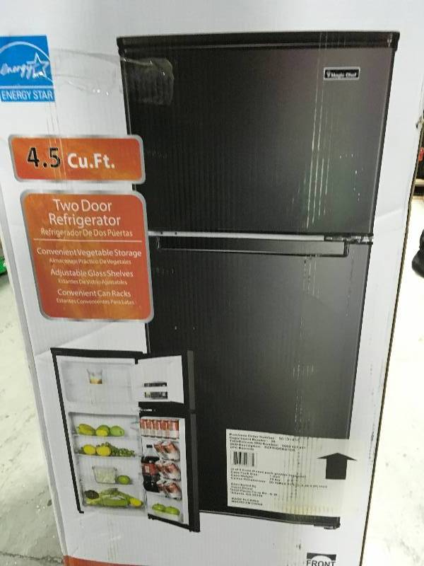 lot 1 image: Magic Chef 4.5 cu. ft. Double Door Mini Refrigerator in Black not used
