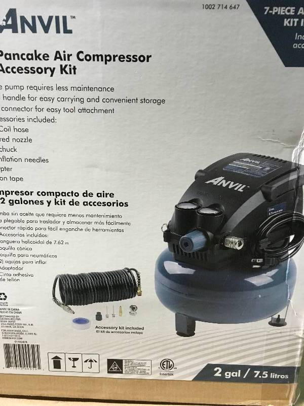 lot 8 image: ANVIL 2G Pancake Air Compressor with 7-Piece Accessories Kit in like new condition