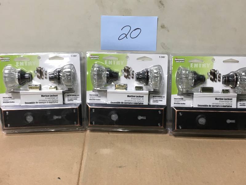 lot 20 image: Prime-Line Classic Bronze Mortise Lock Set with Glass Knobs LOT OF 3 not used